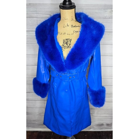 Y2K Does 70s Bright Blue Faux Leather Penny Lane Coat Belted - Picture 16 of 16